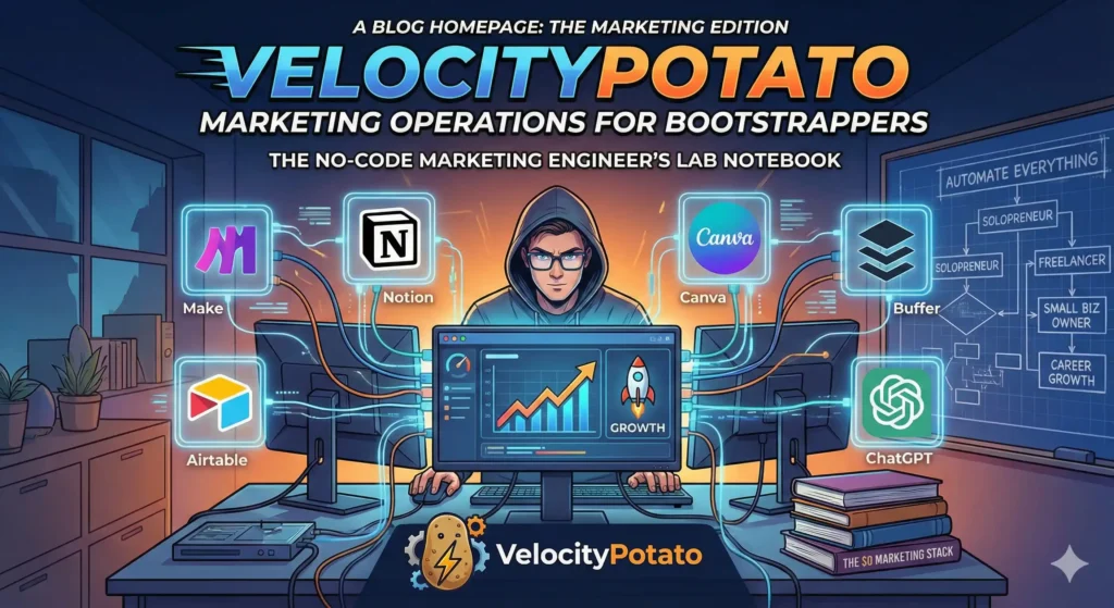 Illustration of the VelocityPotato no-code marketing engineer surrounded by automation tools like Make, Notion, and ChatGPT.